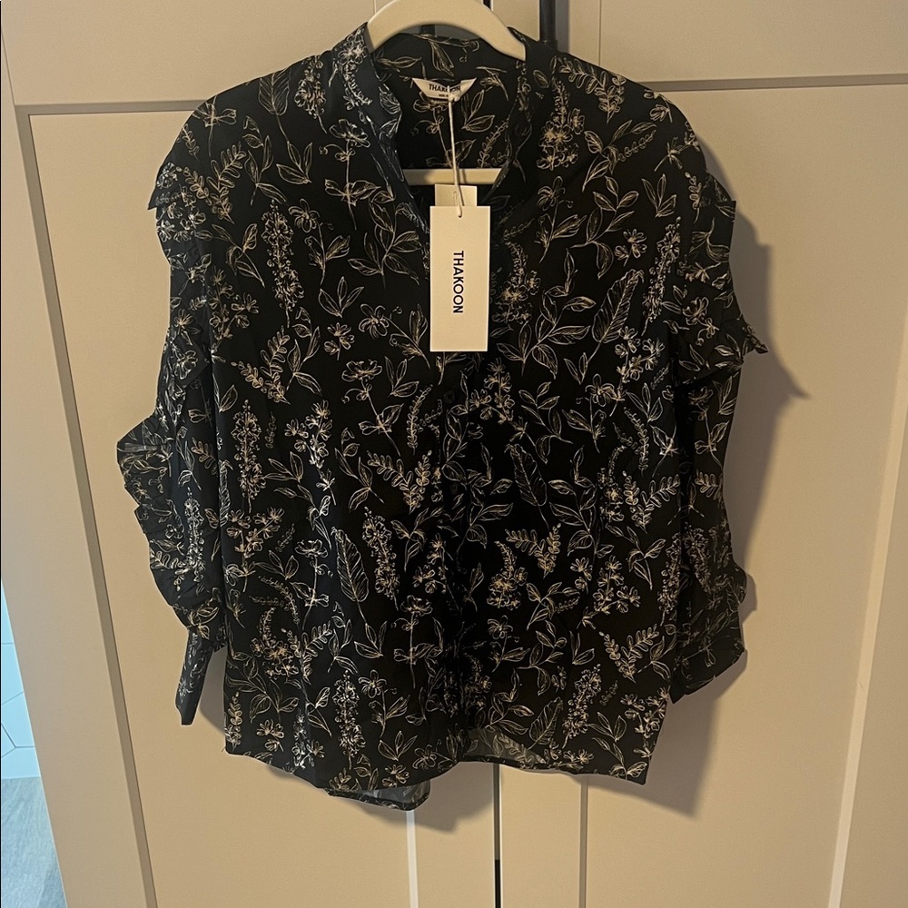 Thakoon Black Top with White Botanical Design